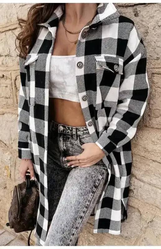 Women’S Long Plaid Shirt, Large Coat